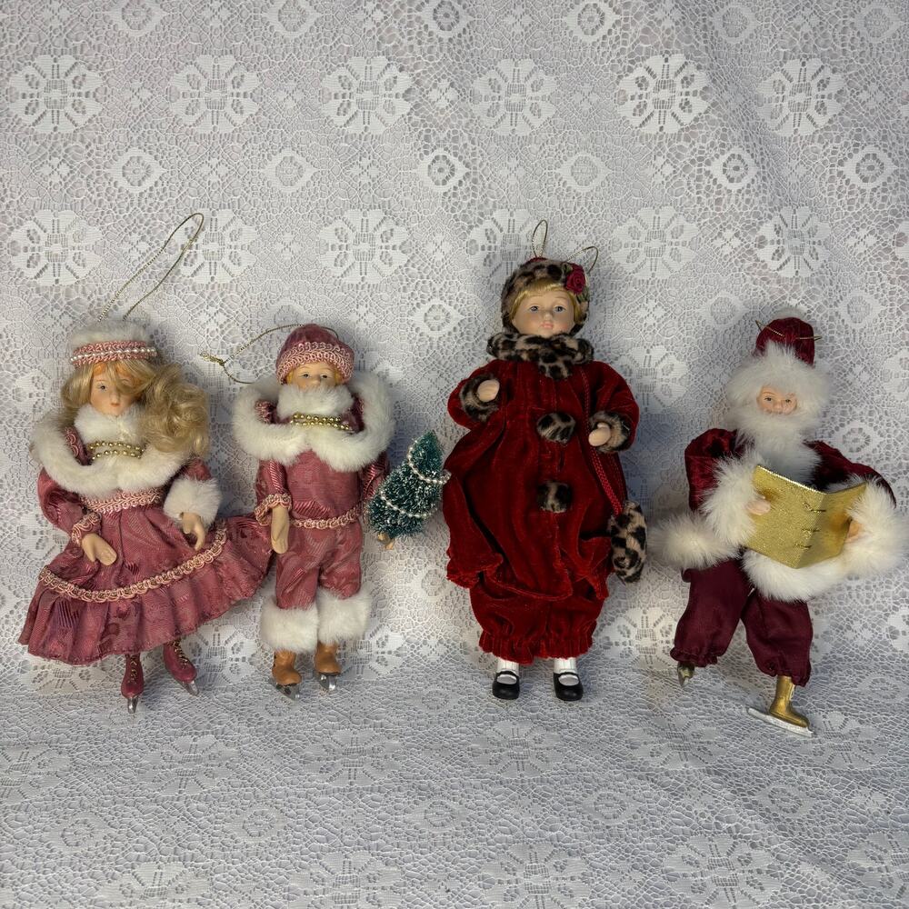 Victorian Doll Christmas Ornaments Set of 4 Porcelain Fabric 7-9"